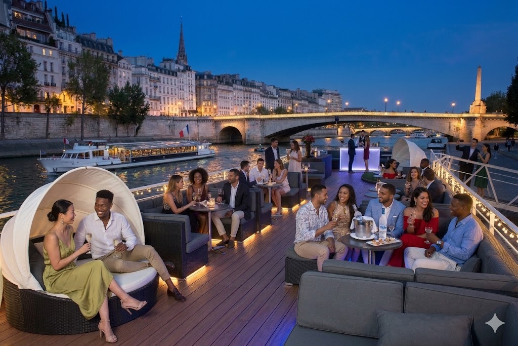 La péniche AṡA de nuit — terrasse en pleine soirée